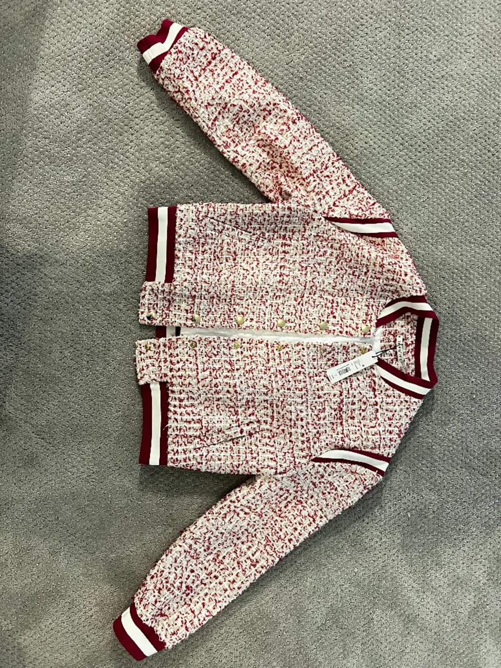 Alice + Olivia Tweed Bomber Jacket Off White/Raspberry Size L NWT